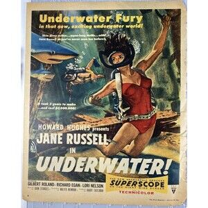 UNDERWATER!" Movie Vintage Print Ad Circa 1955 Jane Russell-Gilbert Roland
